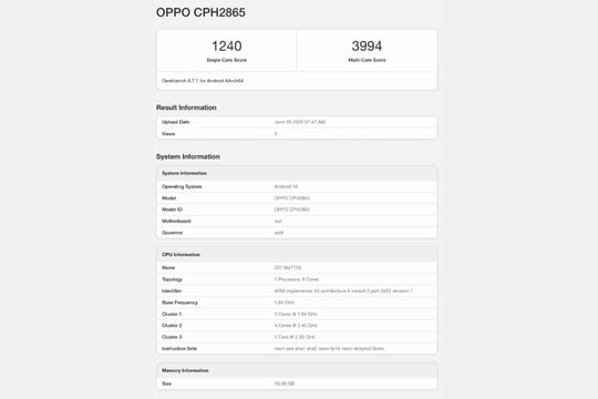OPPO Reno16 bản quốc tế lộ diện trên Geekbench với chip Snapdragon 7 Gen 4 và RAM 12GB