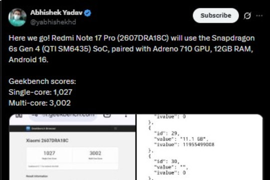 Phân tích hiệu năng Redmi Note 17 Pro: Snapdragon 6s Gen 4 và 12GB RAM lộ diện