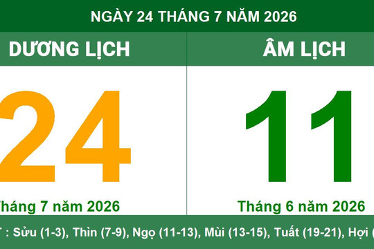 Lịch Âm Dương ngày 24/07/2026: Xem ngày Tiểu Cát, giờ hoàng đạo và việc nên làm