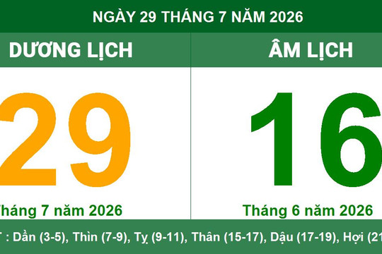 Lịch Âm Dương ngày 29/7/2026: Giờ hoàng đạo, tuổi xung và việc nên lưu ý
