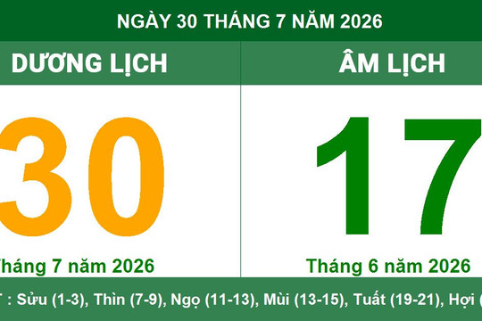 Lịch Âm Dương ngày 30/7/2026: Ngày Tiểu Cát thuận lợi và các khung giờ hoàng đạo