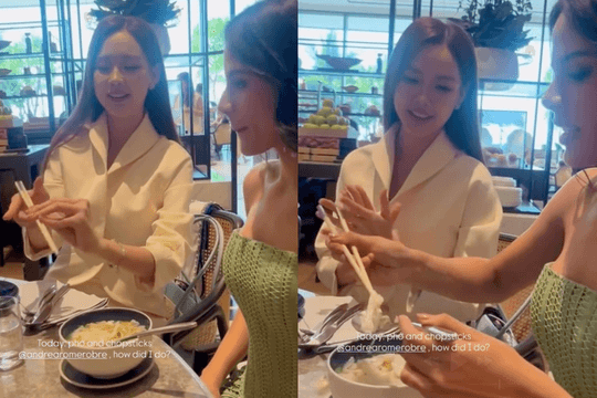 Hoa hậu Bảo Ngọc gây sốt khi hướng dẫn đại diện Colombia dùng đũa ăn phở tại Miss World