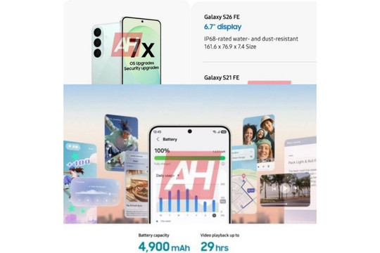 Samsung Galaxy S26 FE rò rỉ thiết kế: Chip Exynos 2500 3nm, pin 4.900 mAh cùng sạc 45W