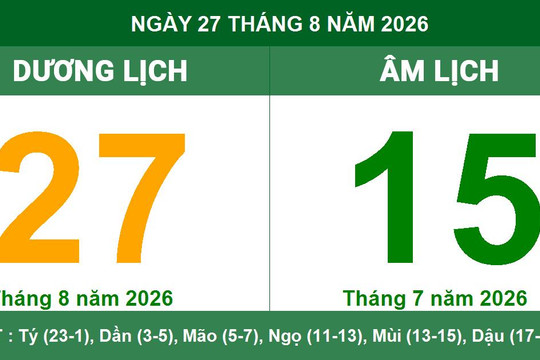 Lịch Âm Dương ngày 27/8/2026: Tra cứu giờ hoàng đạo cát lành ngày rằm tháng Bảy năm 2026