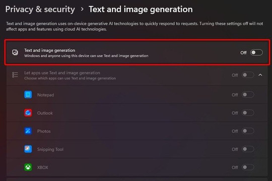 Tính năng Text and image generation chạy AI ngầm làm chậm Windows 11 và cách vô hiệu hóa