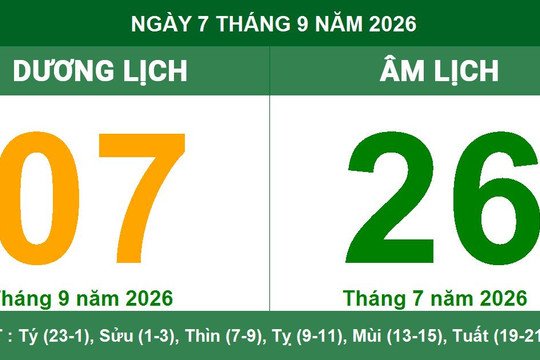 Lịch Âm Dương ngày 07/09/2026: Tra cứu giờ hoàng đạo, tuổi xung hợp và hướng xuất hành tốt