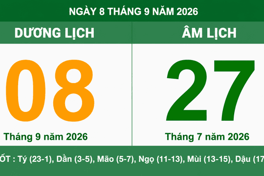 Lịch Âm Dương ngày 8/9/2026: Tra cứu khung giờ hoàng đạo, tuổi xung hợp và hướng xuất hành
