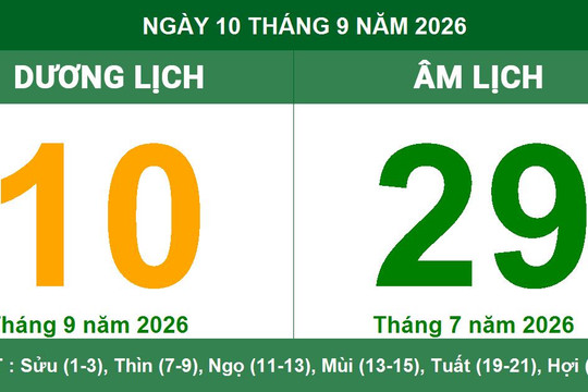Thông tin Âm Dương lịch ngày 10/09/2026: Ngày Đinh Hợi, giờ hoàng đạo và những việc nên kiêng kỵ