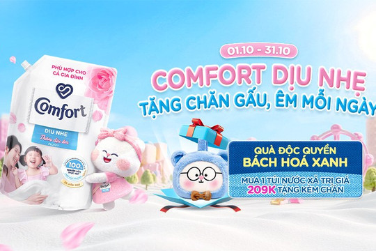 Mẹo săn quà tặng bộ gối mền cao cấp khi mua nước xả Comfort 3 lít tại Bách hóa XANH tháng 10