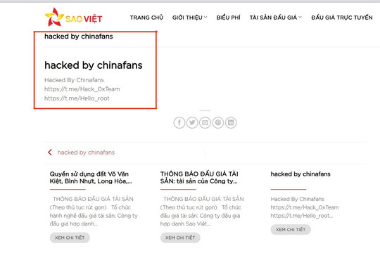 Website Công ty Đấu giá Hợp danh Sao Việt bị nhóm hacker Chinafans tấn công thay đổi giao diện
