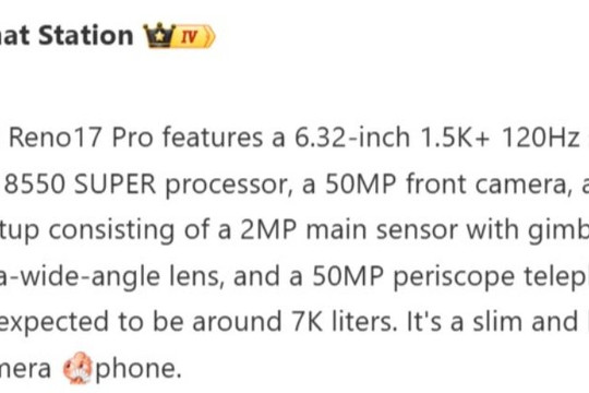 Thông số kỹ thuật OPPO Reno17 Pro: Màn hình 6.32 inch 120Hz, camera 200MP và pin 7.000mAh