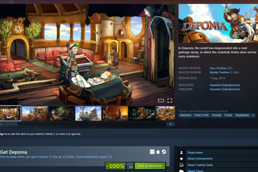 Steam tặng miễn phí Deponia: Tựa game phiêu lưu giải đố sở hữu đồ họa vẽ tay ấn tượng