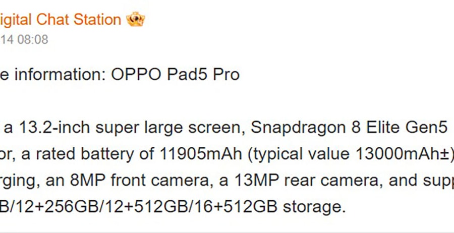 Lộ diện OPPO Pad 5 Pro: Màn hình 13.2 inch, chip Snapdragon 8 Elite Gen 5 và pin 13.000 mAh