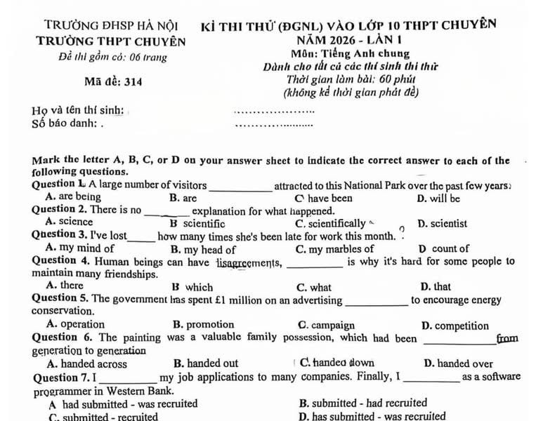 Đề thi thử lớp 10 môn tiếng Anh Trường THPT Chuyên ĐH Sư phạm Hà Nội năm 2026