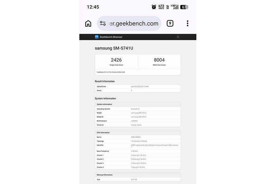Lộ diện Samsung Galaxy S26 FE trên Geekbench: Chip Exynos 2500 và chạy Android 17