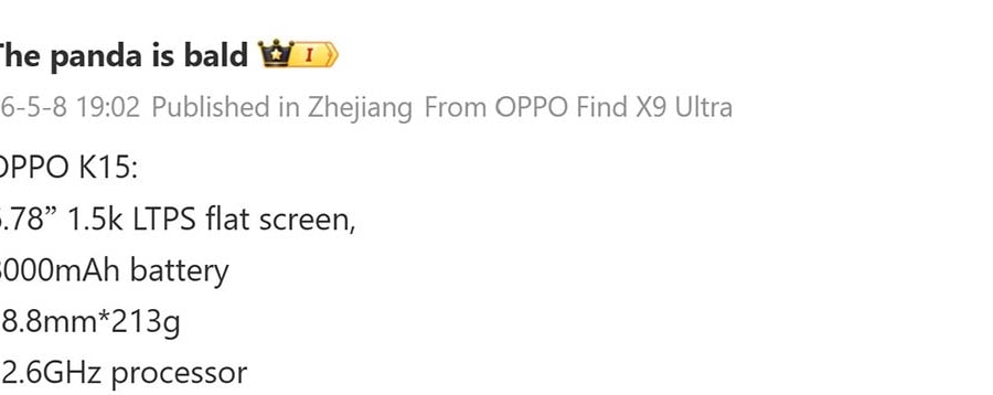 OPPO K15 lộ diện với chip Snapdragon 6 Gen 5 và viên pin dung lượng 8000 mAh