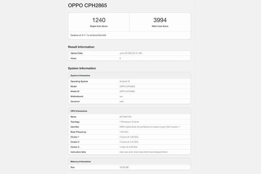 OPPO Reno16 bản quốc tế lộ diện trên Geekbench với chip Snapdragon 7 Gen 4 và RAM 12GB