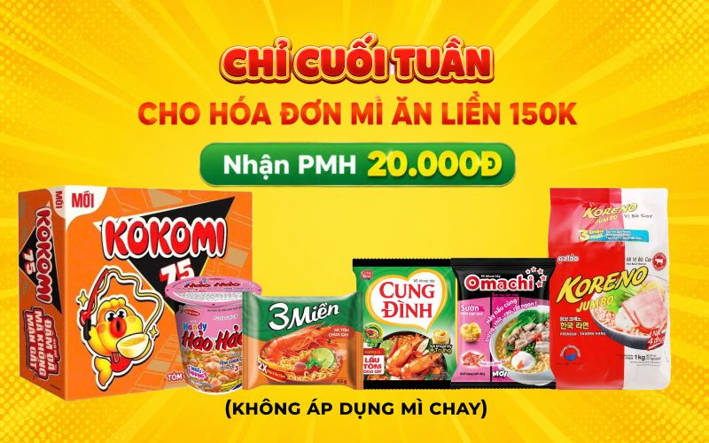 Cách nhận phiếu mua hàng giảm 20.000 đồng mua mì ăn liền online tại Bách hóa XANH