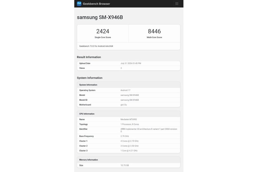 Sức mạnh Galaxy Tab S12 Ultra lộ diện trên Geekbench: Chip Dimensity 9500, RAM 12GB