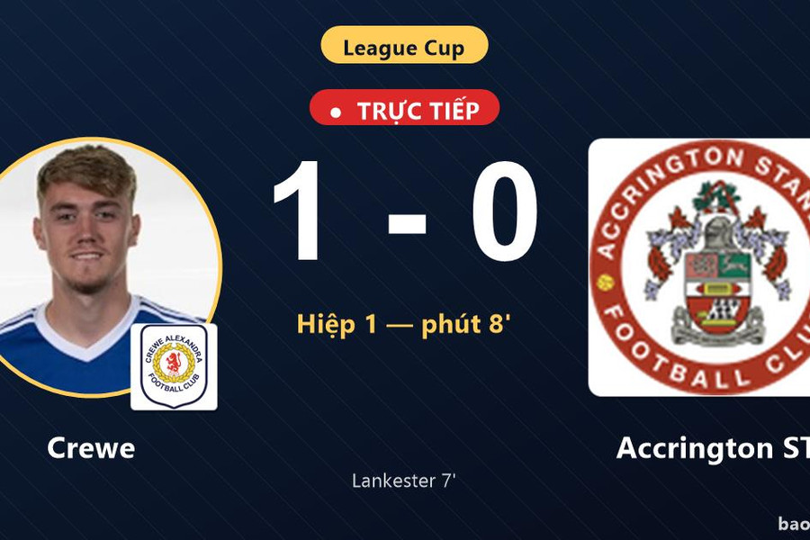 Trực tiếp Crewe vs Accrington ST: Hiệp 2 bắt đầu, Crewe dẫn 1-0
