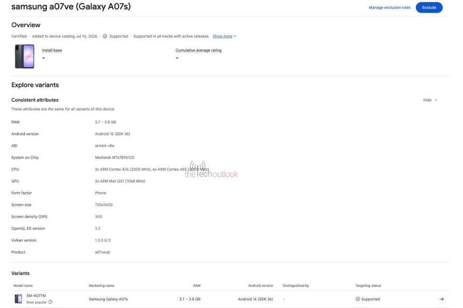 Samsung Galaxy A07s 4G rò rỉ cấu hình trên Google Play Console với chip Helio G99 và Android 16