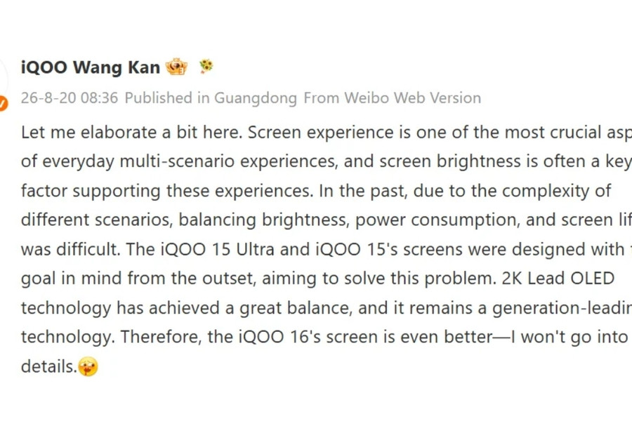 Mẫu flagship iQOO 16 sắp ra mắt với công nghệ màn hình Samsung 2K cùng tần số quét 165Hz