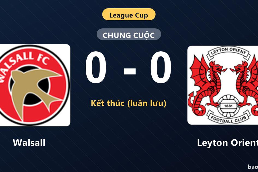 Walsall 0-0 Leyton Orient (pen 5-6): Leyton Orient giành chiến thắng