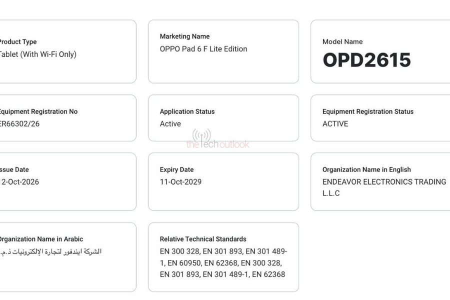 OPPO Pad 6 F Lite Edition đạt chứng nhận TDRA tại UAE, sẵn sàng tiến ra thị trường quốc tế